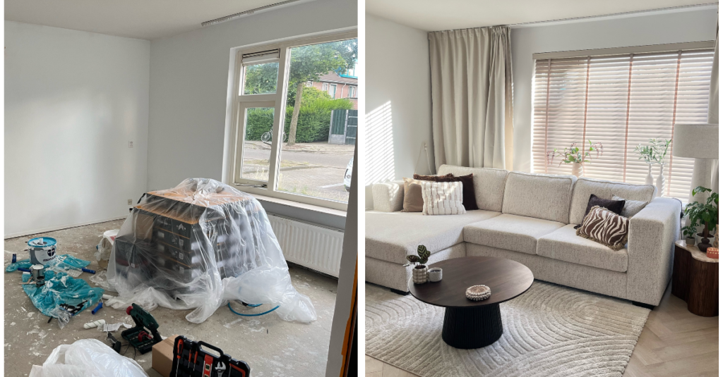 woonkamer voor en na